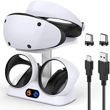 Imagem de Suporte de carregamento rápido para PS VR2 Sense Controller, Dual Charger Dock Station para PS5 VR2 com Headset Display Mount&LED Light&2 USB-C Magnetic Connector/Cable