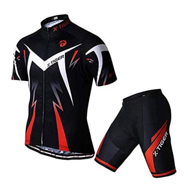 Imagem de Conjunto de camisa de ciclismo masculino X-Tiger, conjunto de manga curta para ciclismo com shorts acolchoados de gel 5D, conjunto de roupas de ciclismo para MTB Road Bike RED Black (P)