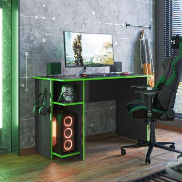 Imagem de Mesa para Computador Gamer com 2 Prateleiras Cor Preto Fosco com Verde - Qmovi