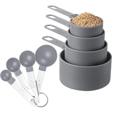 Imagem de Kit 8 Peças Medidores De Cozinha Colheres Medidor Culinário Copo Dosador Jogo Colher Aço Inox Medida Chá Café (Cinza)