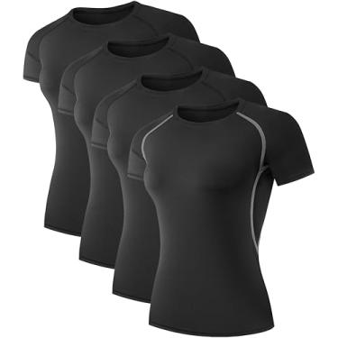Imagem de TELALEO Pacote com 4 camisetas femininas de compressão, para corrida, atléticas, para treino, manga curta, ioga, academia, esportes, 4 preto, XXG
