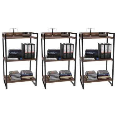 Imagem de Kit 3 Estantes Livreiro Multiuso Prisma Estilo Industrial 60Cm 3 Prateleiras C08 Nogal - Mpozenato