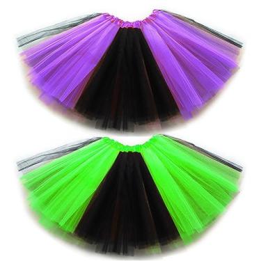 Imagem de DMLBC Saia tutu laranja amarelo/vermelho/roxo/verde preto de 3 camadas para meninas e mulheres, fantasia de tutu de peru, B - roxo + verde, M