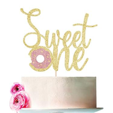 Imagem de Bejotaa Topo de bolo Donut Sweet One - Topo de bolo de 1º aniversário, topo de bolo para 1º aniversário, topo de bolo esmagado, decorações de bolo doce Candyland (dourado)