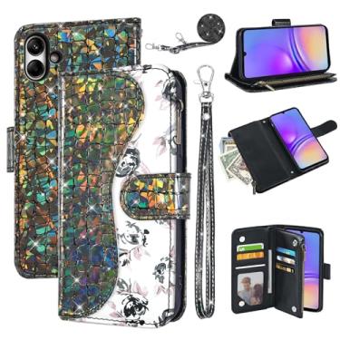Imagem de Dibosom Capa carteira floral para Samsung Galaxy A05 com alça de pulso, alça de ombro flip com zíper, porta-cartão, suporte de couro PU de luxo com glitter brilhante para celular Ao5 A 05 preta