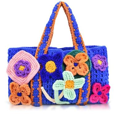 Imagem de QTKJ Sacola de flores, bolsas de algodão tricotadas à mão com forrado, bolsa de tecido para viagens de férias, combinação diária (azul), Azul, One Size