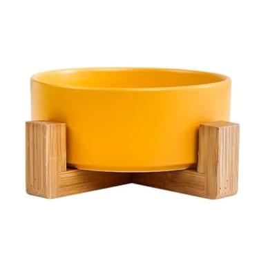 Imagem de Comedouro grande de Cerâmica para Pets com Suporte de Madeira, 850 ml, Modelo Verona (Amarelo)