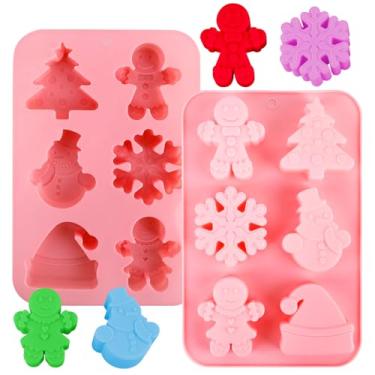 Imagem de 2 peças de moldes de bolo de silicone de Natal molde de chocolate doce de floco de neve moldes de silicone homem de gengibre chapéu de árvore de Natal boneco de neve molde de cozimento para gelatina,