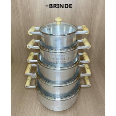 Imagem de Jogo De Panelas Alumínio Batido Fundido Cabo De Madeira Tampa De Vidro