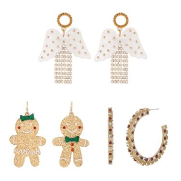 Imagem de MADISON TYLER Conjunto de 3 pares de brincos de Natal para mulheres | Brincos de Natal masculinos de gengibre de menta pirulito de bengala doce | Brincos de Natal, Zinco, Strass