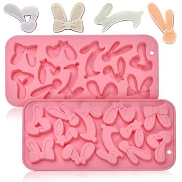 Imagem de Moldes de silicone de coelho de ovo de Páscoa, pacote com 2 moldes de fondant de chocolate com orelhas de coelho para decoração de bolos, cobertura de cupcake, pasta de chiclete - rosa