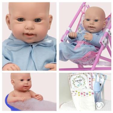 Imagem de Bebe Reborn Masculino Olho Azul Fofinho + Carrinho Enxoval - Cegonha R