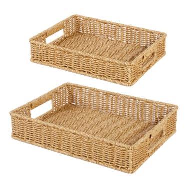 Imagem de Fvstar 2 bandejas de servir com alças, cesta de pão de vime poli bandeja retangular para frutas, legumes, café da manhã, bebidas, mesa de centro de centro de jantar (cor clara)