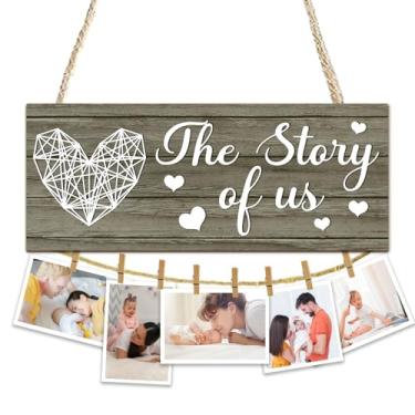 Imagem de EXW Porta-fotos de madeira para família e decoração com 8 clipes - Quadro de exibição para pendurar fotos em casa para família e amigos - The Story of Us - casamento, aniversário, noivado, presentes