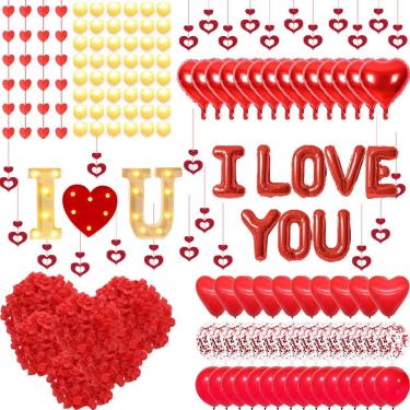 Imagem de Conjunto de decoração de festa I LOVE YOU com letreiro iluminado e balões