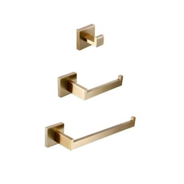 Imagem de Toalheiro dourado fosco, barra de toalhas de aço inoxidável 304, prateleira dupla para toalhas, suporte para papel, suporte para lenços de papel, suporte para escova de banheiro, kit, 3 peças, 01