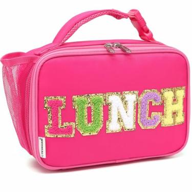 Imagem de FlowFly Lancheira infantil, lancheira escolar com isolamento durável com suporte de garrafa, bolsa térmica pequena térmica para meninos e meninas, rosa vermelha com letra
