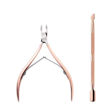 Imagem de Alicate empurrador de cutículas em aço inoxidável ouro rosa, tesoura para manicure, removedor de esmalte, cortador para unhas artísticas, 2 peças, BH01