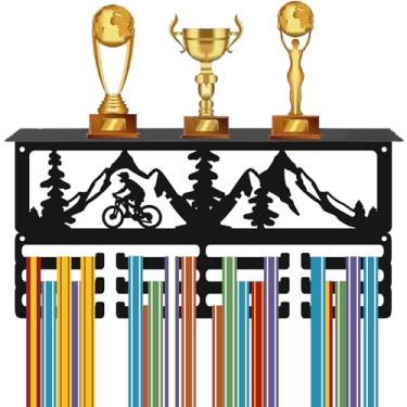Imagem de CREATCABIN Suporte de Troféu de Exibição de Medalha de Ciclismo, Suporte de Parede de Ferro de Metal Preto, Suporte para 60+ Medalhas, Fitas, Cabide Prateleira com 12 Ganchos para Atletas Esportivos