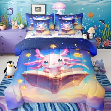 Imagem de Lindo conjunto de cama Axolotl de 7 peças para meninos e crianças, tamanho casal, salamandra, com lençóis, fronhas e fronhas, decoração de quarto, galáxia, oceano, vida marinha em uma bolsa, macio