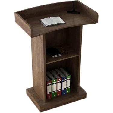 Imagem de Púlpito De Mdf Podium Stand Mesa De Recepção De Piso De Madeira Com Prateleira De Armazenamento Ideal Para Palestrantes Conferência Auditório Igreja, Brown, 23.6x16.5x47.2in