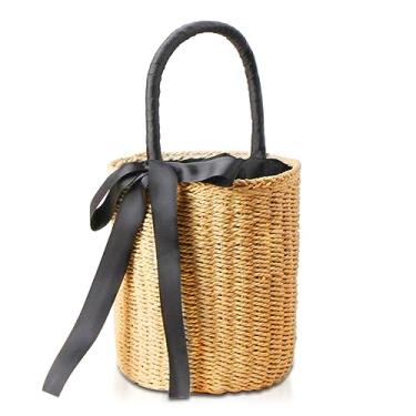 Imagem de QTKJ Bolsa de palha feminina com fita cilíndrica, bolsa de praia, boêmia feita à mão, bolsa de tecido para mulheres, férias, viagem, combinação diária, Caqui, 8.7 x 8.3 x 8.3 inches