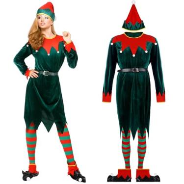 Imagem de Newcotte Conjunto de fantasia de elfo de Natal para crianças e mulheres, chapéu, vestido, meia calçada, cinto de Natal, Cor clássica, G