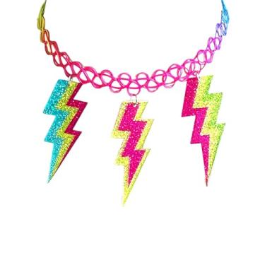 Imagem de Hupplle Acessórios femininos dos anos 80, 90, colar de acrílico neon retrô com cassete relâmpago, pingente de rádio, joia colorida para festa temática dos anos 80, standard, Acrílico, Sem Pedra