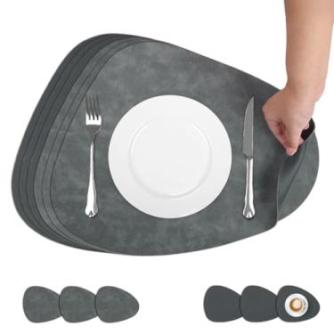 Imagem de comfoyar Jogo americano e porta-copos cinza de dupla face, conjunto de 6, tapetes de couro PU antiderrapantes de 33 x 40 cm, tapetes de mesa laváveis à prova d'água para decoração de mesa de jantar de