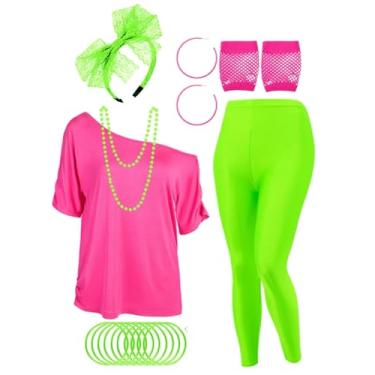 Imagem de Vinsatin Acessórios para fantasia dos anos 80, feminina, neon, leggings, luvas, colar, pulseira, faixa de cabelo para o Dia das Bruxas, Estilo de cor lisa rosa, G