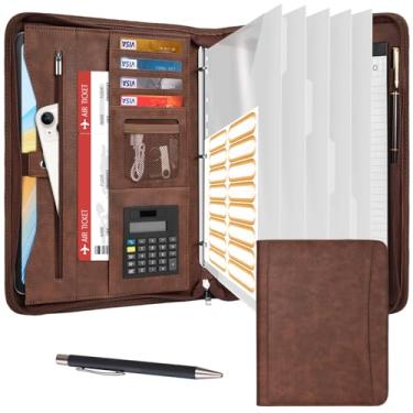 Imagem de Eshow Organizador de portfólio – fichário de 3 anéis com zíper, pasta de couro vegano com bloco de notas, inclui 5 protetores de folha transparentes para arquivos de documentos para homens e mulheres