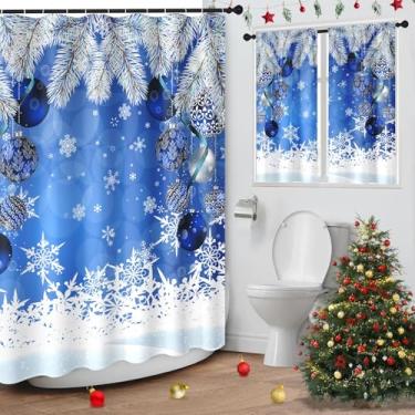 Imagem de Culudea Cortina de chuveiro de ramos de pinheiro com enfeite de Natal, conjunto de cortinas de janela combinando, flocos de neve de cristal de gelo azul, tecido texturizado waffle, cortinas de