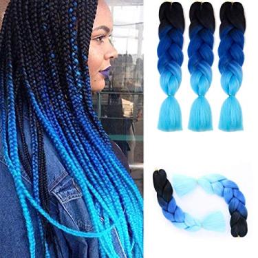 Imagem de Extensões de cabelo trançado Ombre Kanekalon 61 cm 100 g/peças extensões de cabelo sintético (preto-bule-azul-claro) 3 peças