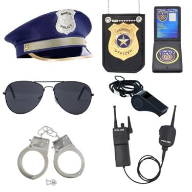 Imagem de QPCOS Kit de encenação de policial chapéu algemas óculos de sol, acessórios de fantasia de policial para festa de Halloween, Chapéu azul, M