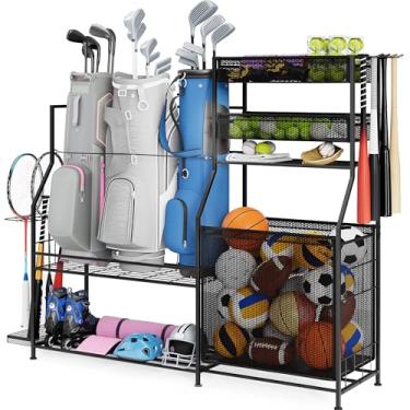 Imagem de Homiesetify Organizador de equipamentos esportivos de garagem, suporte organizador de 3 sacos de golfe, suporte resistente para armazenamento de bolas com cesta e ganchos, carrinho de armazenamento de