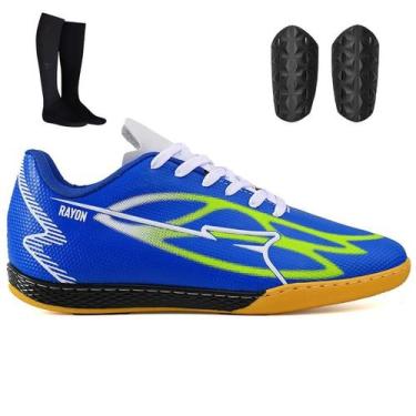 Imagem de Kit de Chuteira Indoor Futsal + Meião e Caneleira Adulta - Light, Azul