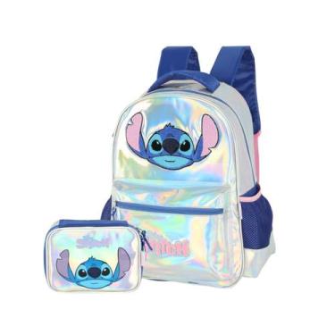 Imagem de Kit Mochila Stitch Costas Holográfica E Estojo Box Escolar, Prata