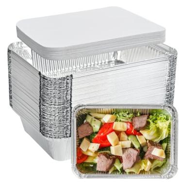 Imagem de GladValue Formas de alumínio com tampas, pacote com 50, formas de pão descartáveis de 2,25 L, bandejas de lata resistentes de 21,8 x 15,5 cm com tampas de papelão para assar, cozinhar, retirar