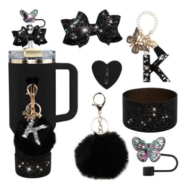 Imagem de Conjunto de 6 peças de acessórios para copos Stanley pretos - tampa de cobertura de palha de borboleta, laço brilhante para canudo, bota de silicone brilhante, pingente de letra e pompom para copos