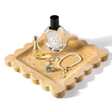 Imagem de Bandeja decorativa travertino, bandeja de mármore de 19,8 cm com borda recortada, prato de joias quadrado premium para brincos e chaves, prato exclusivo de pedra para frineds e mãe, presente de