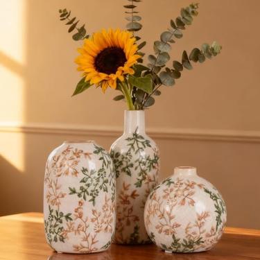 Imagem de Vaso redondo vintage marrom branco, 3 peças, vaso floral verde de porcelana chinoiserie, vasos de flores de cerâmica moderna de meados do século para buquê e decoração de mesa de jantar rústica de