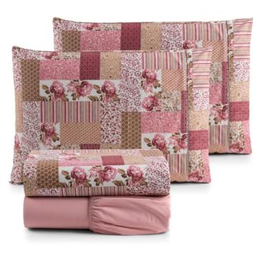 Imagem de Conjunto de lençóis algodão impresso casal rainha 4 peças(FLORAL ROSÊ)