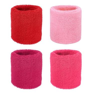 Imagem de YELARXI Pulseiras de suor, pulseiras para esportes de suor 7,6 x 7,6 cm e pacote com 4 e escarlate/rosa/rosa vermelho/vermelho rosa claro - adequado para (tênis/basquete/futebol/homens e mulheres)