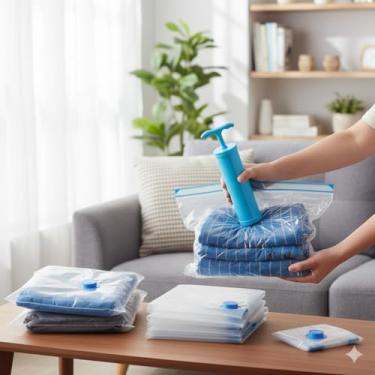 Imagem de Saco a Vácuo Kit 5 com Bomba Manual Organização Economia de Espaço