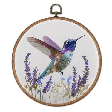 Imagem de OFJE Decoração de parede de beija-flor roxa floral, decoração de parede redonda, flor de lavanda rústica, estampa em tela emoldurada Cottagecore Birding para decoração de casa, quarto, sala de estar