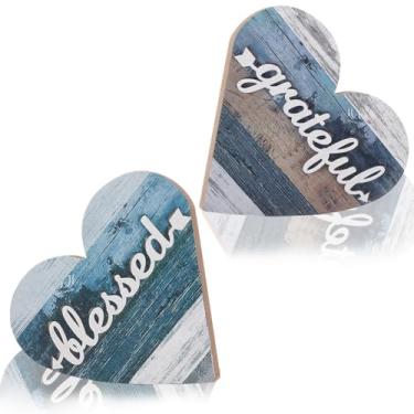 Imagem de GORGECRAFT 2 peças 2 estilos decoração de madeira em forma de coração graciosa placa abençoada mesa centro de mesa vintage rústica decoração de mesa para sala de jantar, sala de estar, casa de fazenda