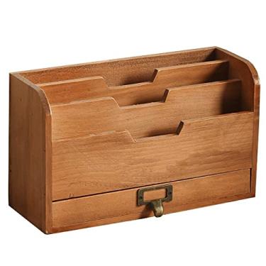 Imagem de Organizador de Armazenamento para Mesa com Gaveta Caixa Madeira Multinível Escritório Porta-Correspondências Organização Multifuncional Acessórios Documentos Materiais Contas Estilo Retrô Sólida Práti