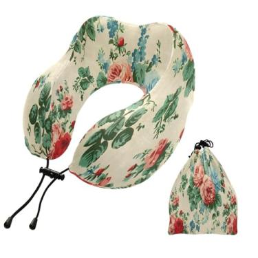 Imagem de CEBUGI Travesseiros de viagem portáteis em forma de U, travesseiro de pescoço de espuma viscoelástica com trava de corda ajustável para avião, viagem, trem, negócios, escritório, soneca (flor rosa)