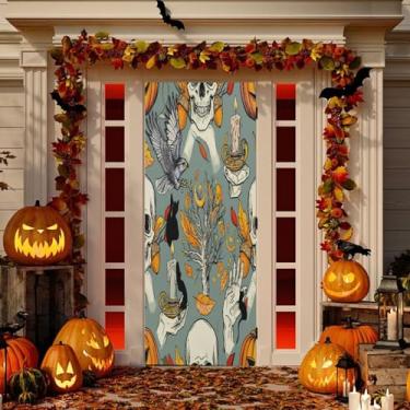 Imagem de Wassud Capa de porta mística de caveiras de Halloween decoração externa faixa interna varanda decoração de casa grande decoração de porta da frente 96 x 98 polegadas