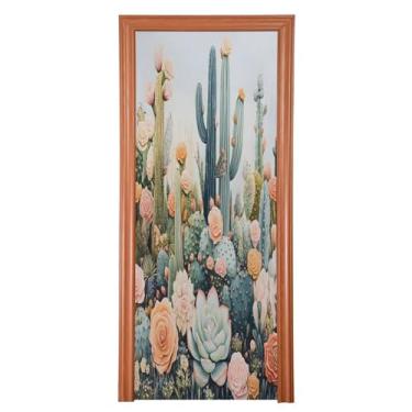 Imagem de Wassud Capa para porta, decoração grande de cactos e suculentas, 96 x 98 polegadas, faixa elástica para porta interna para varanda